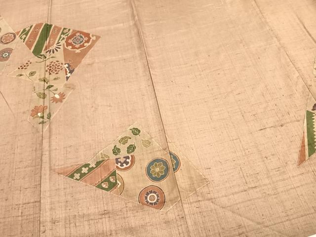 平和屋着物▽訪問着 単衣 生紬地 刺繍 切嵌花文