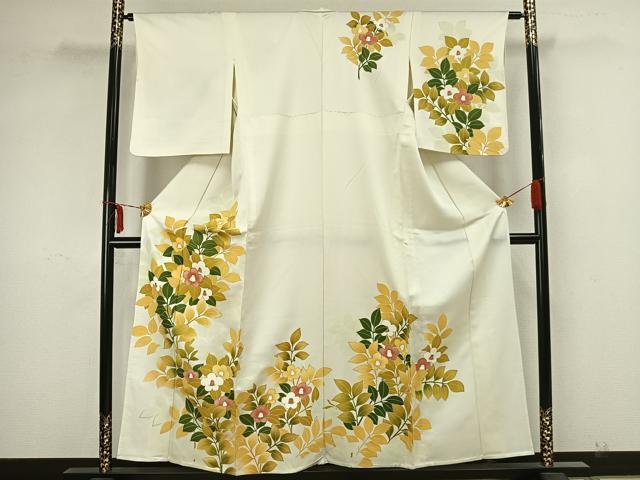 平和屋着物▽訪問着　単衣　刺繍　切嵌草花文　金彩　正絹　逸品　BAAT9045yc 平和屋着物▽訪問着 単衣 刺繍 切嵌草花文 金彩 正絹 逸品