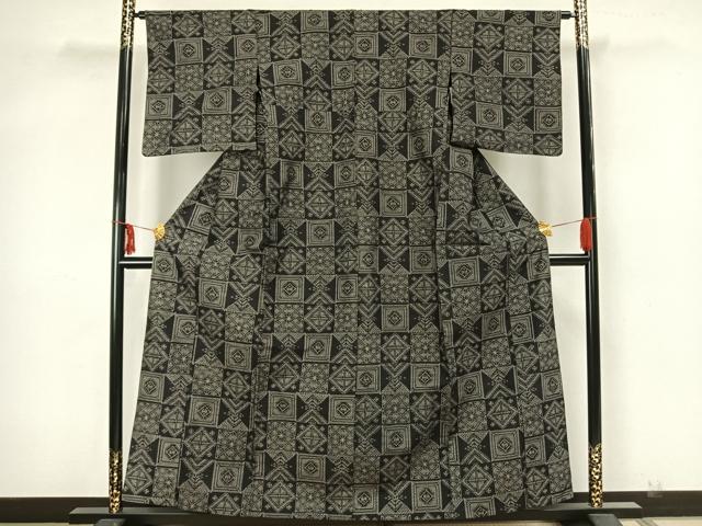 平和屋着物▽上質な紬 単衣 市松花文 正絹 逸品 AAAZ9017fy