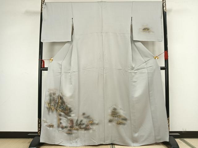 平和屋着物▽訪問着　単衣　手描き　風景文　暈し染め　金銀彩　正絹　逸品　AAAZ9033fy