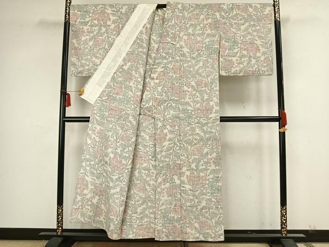 平和屋着物▽上質な紬　単衣　更紗花文　正絹　逸品　AAAZ9040fy 平和屋着物▽上質な紬 単衣 更紗花文 正絹 逸品 AAAZ9040fy 平和