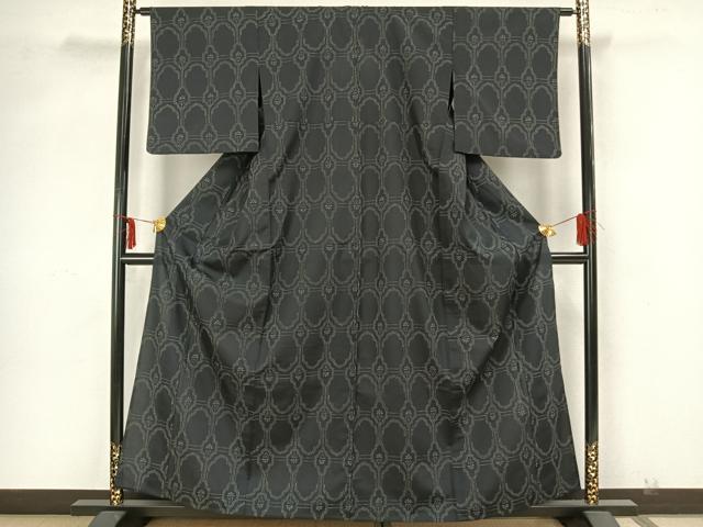 平和屋着物▽小紋 単衣 幾何学文様 黒地 洗える着物 AAAZ9041fy