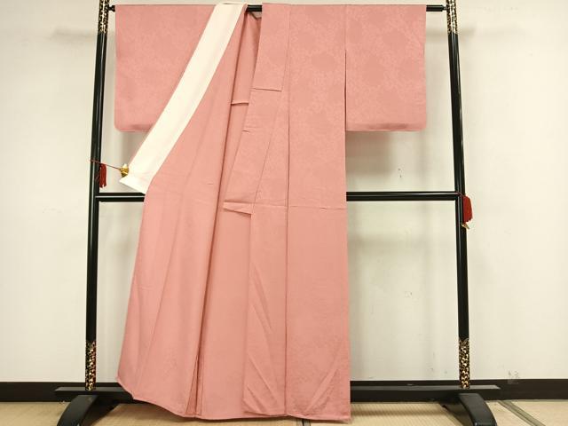 平和屋着物▽上質な色無地 単衣 舞花地紋 紅梅色 正絹 逸品