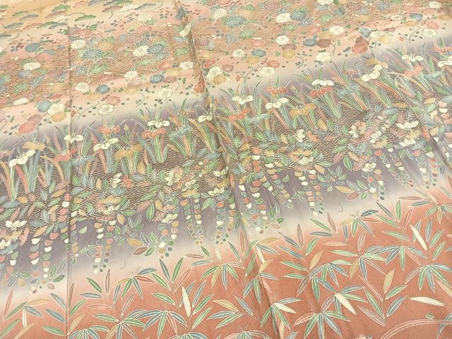 平和屋着物▽訪問着 単衣 草花文 金彩 正絹 逸品 AAAZ9074fy 付け下げ