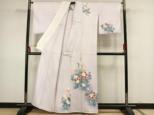 平和屋着物▽訪問着　単衣　手描き　草花文　暈し染め　正絹　逸品　AAAZ9075fy_1