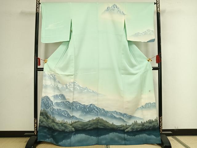 平和屋着物▽訪問着　単衣　作家物　手描き　風景文　暈し染め　正絹　逸品　AAAZ9087fy