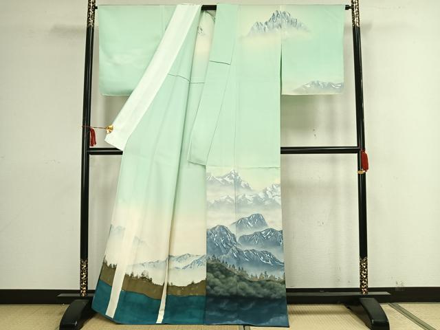 平和屋着物▽訪問着　単衣　作家物　手描き　風景文　暈し染め　正絹　逸品　AAAZ9087fy_1
