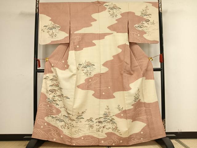 平和屋着物▽染織の名門　しょうざん　生紬　訪問着　単衣　風景文　正絹　逸品　AAAZ9090fy