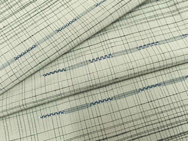 平和屋着物▽上質な紬　単衣　刺繍　横縞　正絹　逸品　AAAZ9223fy