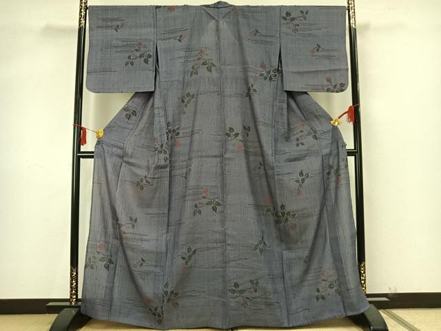 平和屋着物▽上質な紬　単衣　枝花文　正絹　逸品　AAAZ9239fy 平和屋着物▽上質な紬 単衣 枝花文 正絹 逸品 AAAZ9239fy