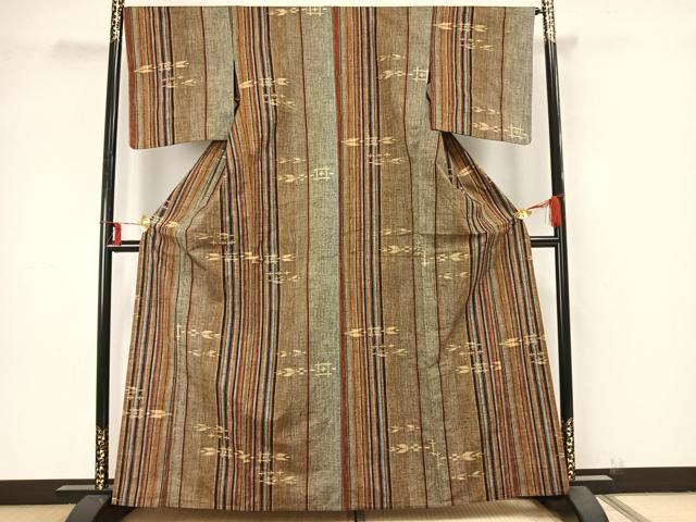 平和屋着物▽上質な紬 単衣 縞 正絹 逸品 AAAZ9274fy