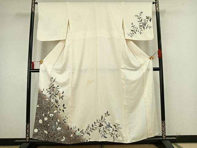 平和屋着物▽訪問着　単衣　草花文　銀彩　正絹　逸品　AAAZ9312fy