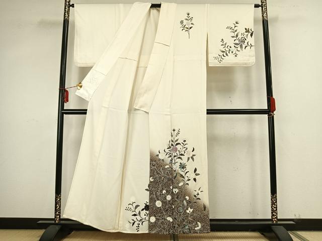 平和屋着物▽訪問着 単衣 草花文 銀彩 正絹 逸品 AAAZ9312fy