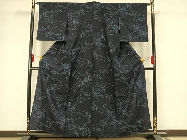 平和屋着物▽上質な紬　単衣　流水麻の葉文様　正絹　逸品　AAAZ9334fy 平和屋着物▽上質な紬 単衣 流水麻の葉文様 正絹 逸品 AAAZ9334fy