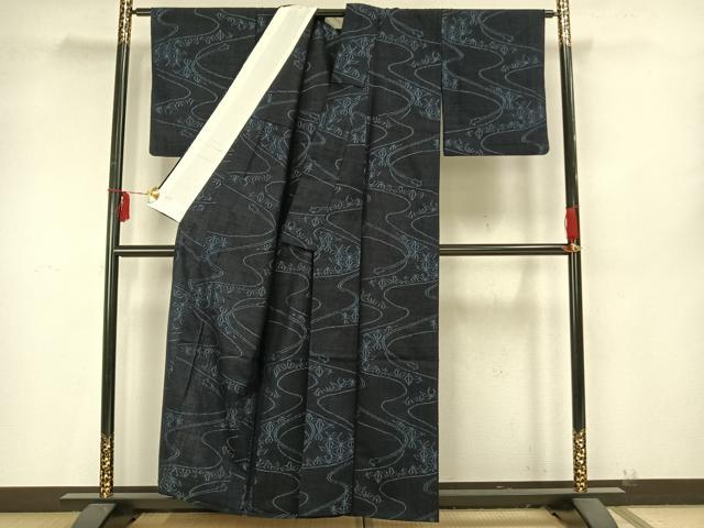 平和屋着物▽上質な紬　単衣　流水麻の葉文様　正絹　逸品　AAAZ9334fy 平和屋着物▽上質な紬 単衣 流水麻の葉文様 正絹 逸品 AAAZ9334fyの