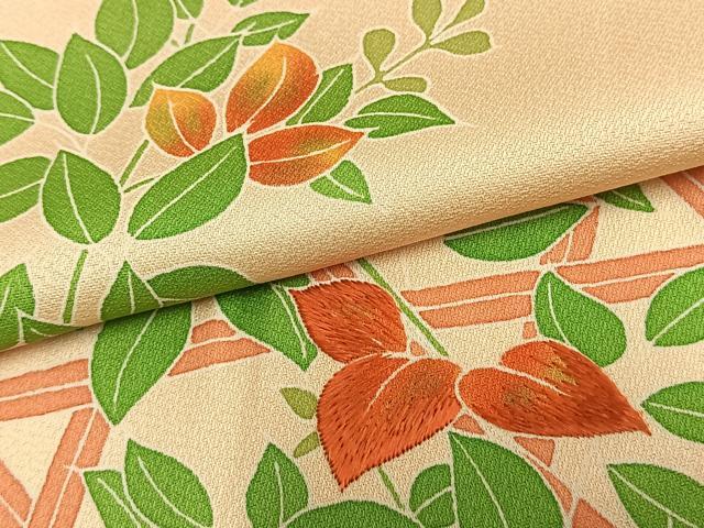 平和屋着物▽訪問着　単衣　刺繍　風景枝花文　正絹　逸品　未使用　AAAZ9346fy 平和屋着物▽訪問着 単衣 刺繍 風景枝花文 正絹 逸品 未