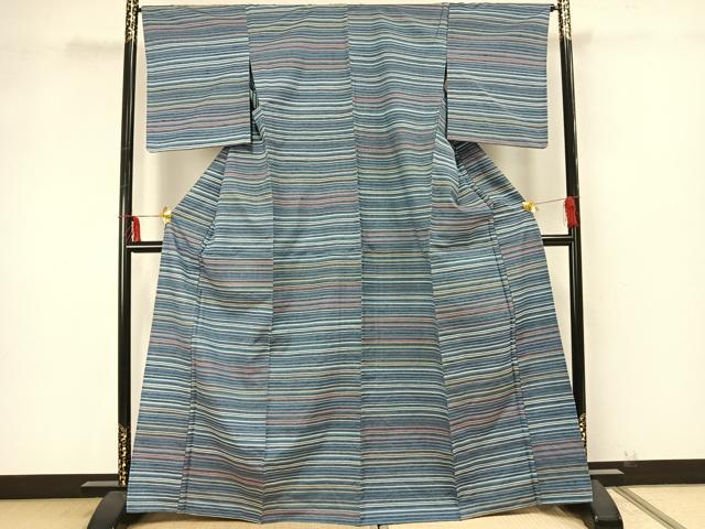 平和屋着物▽上質な紬　単衣　横縞　正絹　逸品　AAAZ9358fy 平和屋着物▽上質な紬 単衣 横縞 正絹 逸品 AAAZ9358fy