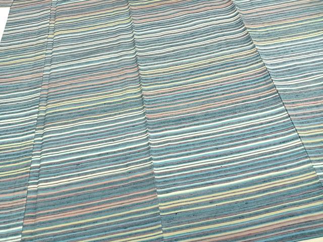 平和屋着物▽上質な紬 単衣 横縞 正絹 逸品 AAAZ9358fy