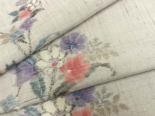 平和屋着物▽上質な紬　単衣　草花文　正絹　逸品　AAAZ9359fy