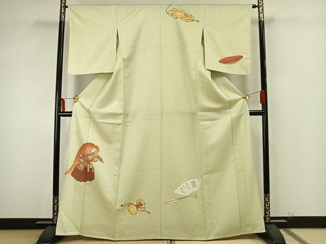平和屋着物▽訪問着　単衣　扇面人物文　鼓　金銀彩　金通し地　正絹　逸品　AAAZ9393fy