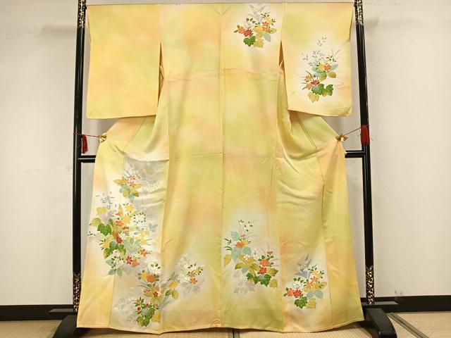 平和屋着物▽訪問着　単衣　草花文　金彩　正絹　逸品　AAAZ9397fy