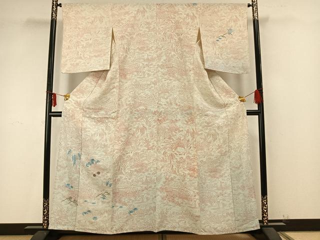 平和屋着物▽訪問着　単衣　刺繍　風景草花文　正絹　逸品　AAAZ9401fy