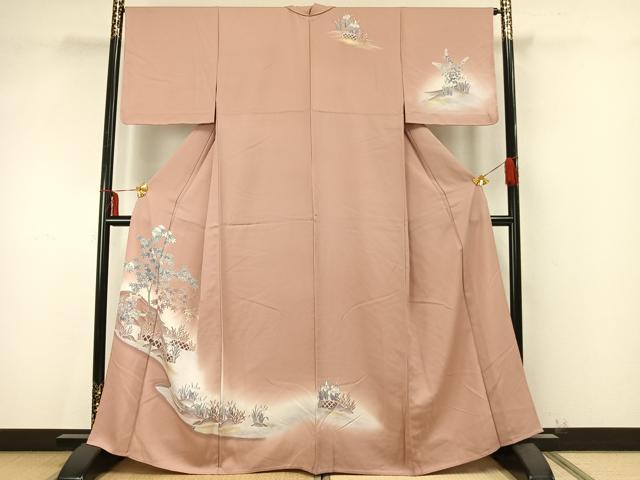 平和屋着物▽訪問着　単衣　風景草花文　暈し染め　金彩　正絹　逸品　未使用　AAAZ9438fy