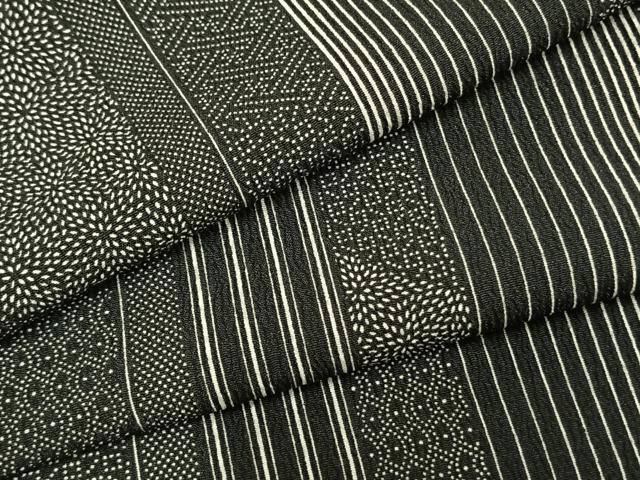 平和屋着物▽小紋　単衣　間道　黒地　洗える着物　AAAZ9465fy