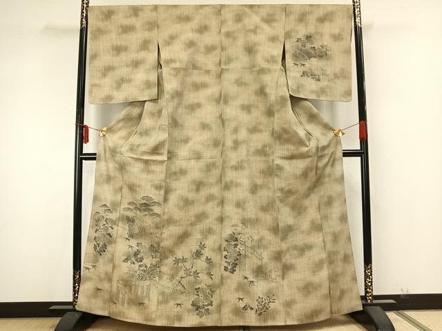 平和屋着物▽訪問着　単衣　紬地　風景草花文　正絹　逸品　AAAZ9625fy