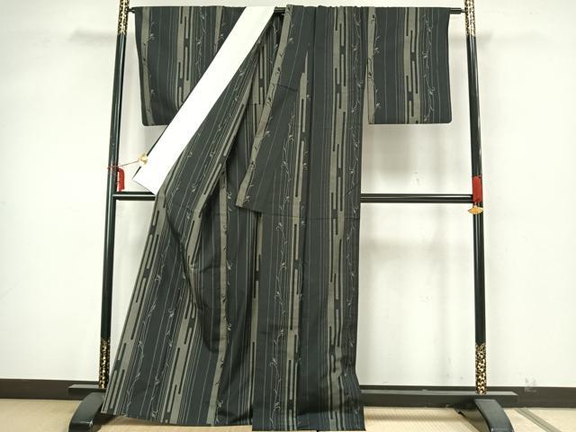 平和屋着物▽上質な紬 単衣 花唐草間道 黒地 正絹 逸品