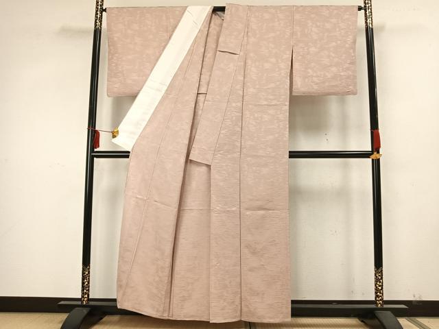 平和屋着物▽上質な色無地 単衣 霞地紋 灰桜色 正絹 逸品