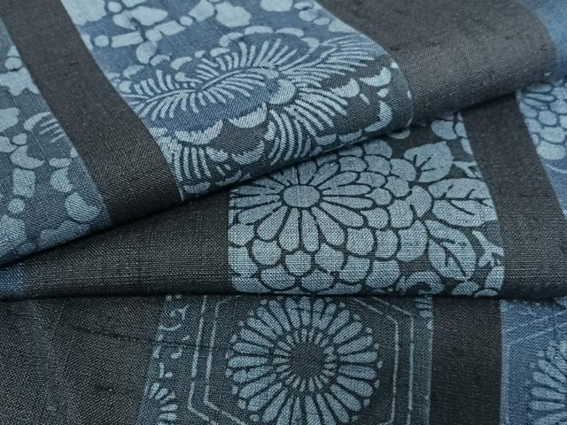 平和屋着物●本藍　紬　型染め　花唐草間道　正絹　逸品　AABA0089zg