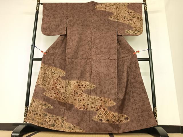 平和屋着物●訪問着　紬地　手描き　双鳥更紗花文　正絹　逸品　AABA0131zg