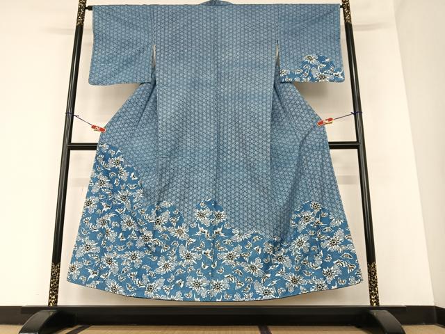 平和屋着物●本場染大島紬　訪問着　型染め　藍　麻の葉文様　花蝶文　正絹　逸品　AABA0151zg