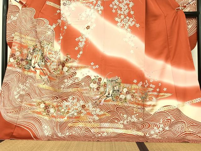 平和屋着物●訪問着　駒刺繍　飛鳥花楽器文　暈し染め　金彩　鬼しぼ縮緬　正絹　逸品　AAAU8217zg 平和屋着物○訪問着 駒刺繍 飛鳥花器文 暈し染め 金彩 鬼