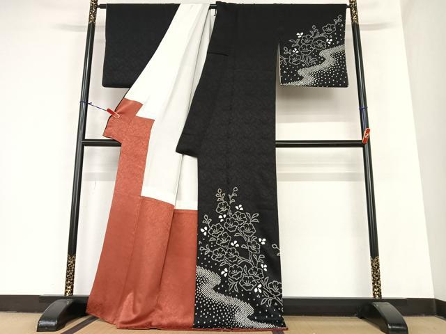 平和屋着物○訪問着 絞り 枝花文 黒地 正絹 逸品 AABA0185zg