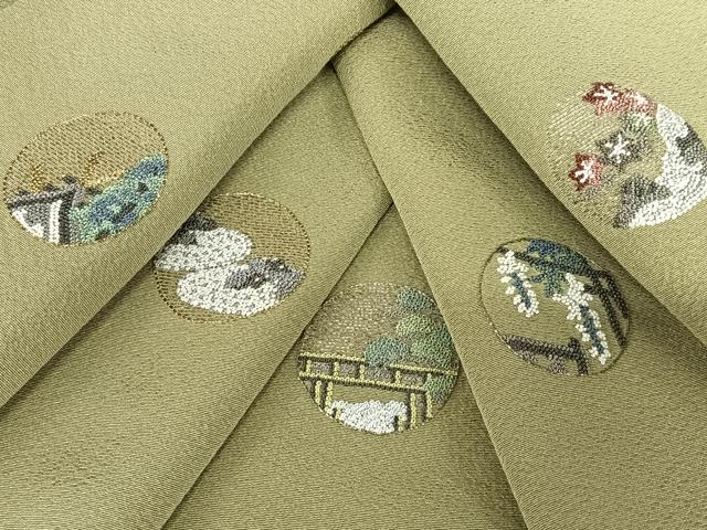 平和屋着物●上質な小紋　中国三大刺繍　汕頭刺繍　スワトウ刺繍　風景草花丸文　正絹　逸品　AABA0190zg