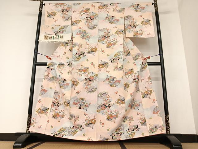 平和屋着物○結城紬 型染め 扇面御所車花文 証紙付き 正絹 逸品 AABA0291zg