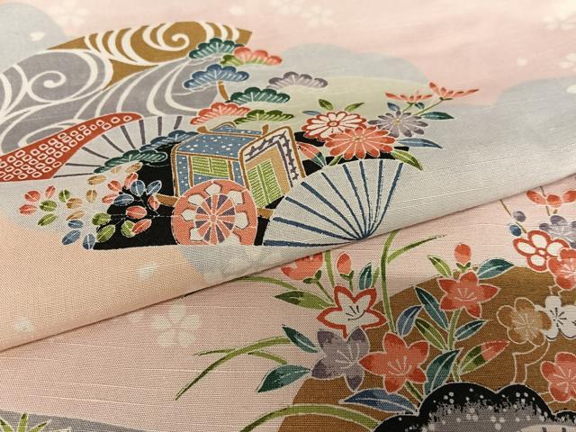 平和屋着物○結城紬 型染め 扇面御所車花文 証紙付き 正絹 逸品 AABA0291zg