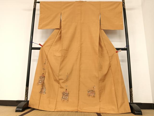 平和屋着物●京の名門・菱屋六右ェ門　紬　訪問着　刺繍　人物文　山車　正絹　逸品　AABA0304zg