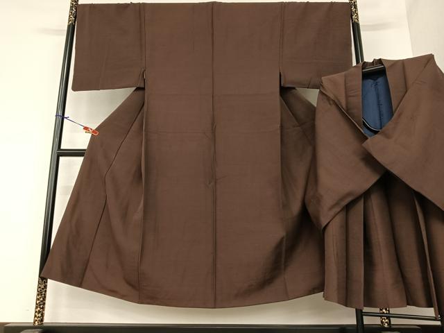 平和屋着物●男性　紬　アンサンブル　色無地　黒鳶色　正絹　逸品　AABA0321zg