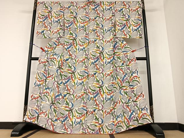 平和屋着物○紅型 小紋 舞葉文 正絹 逸品 AABA0325zg 小紋