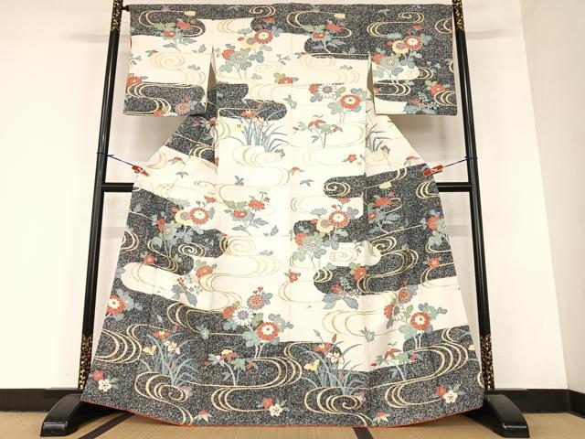 平和屋着物●訪問着　流水草花文　金彩　正絹　逸品　AABA0403zg