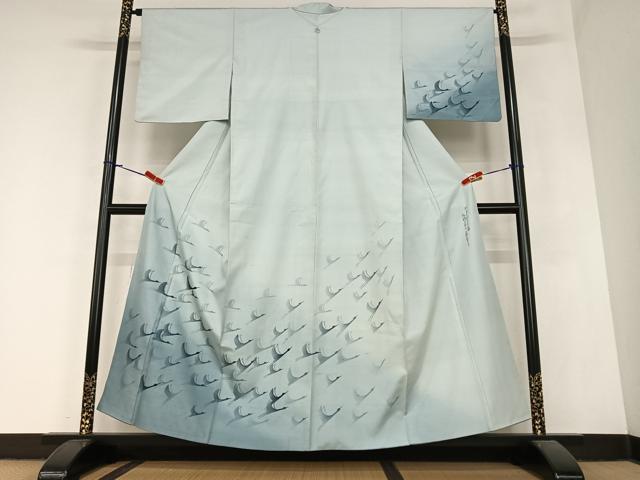 平和屋着物●やまがおり工房　伝統工芸士　次郎作　訪問着　紬地　手描き　群れ鶴文　正絹　逸品　AABA0412zg