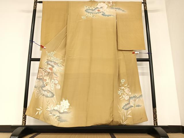 平和屋着物●アンティーク　大正ロマン　小振袖　二尺袖　駒刺繍　御所車花文　金彩　正絹　逸品　AABA0418zg