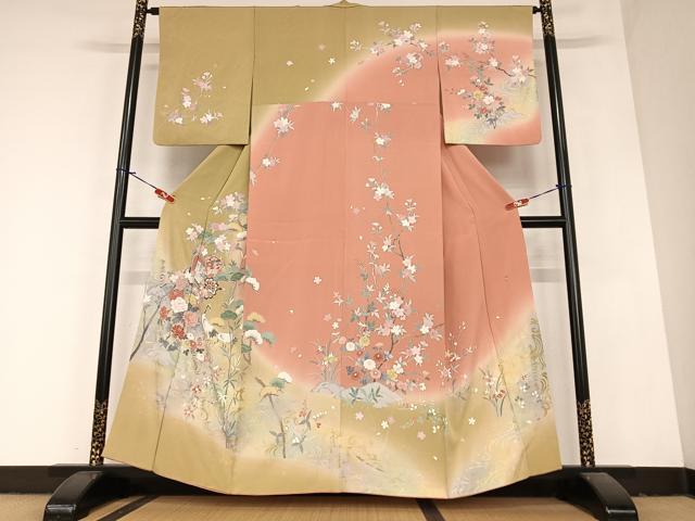 平和屋着物●訪問着　友禅　作家物　中博　御所車花鶴文　暈し染め　金銀彩　正絹　逸品　AABA0426zg