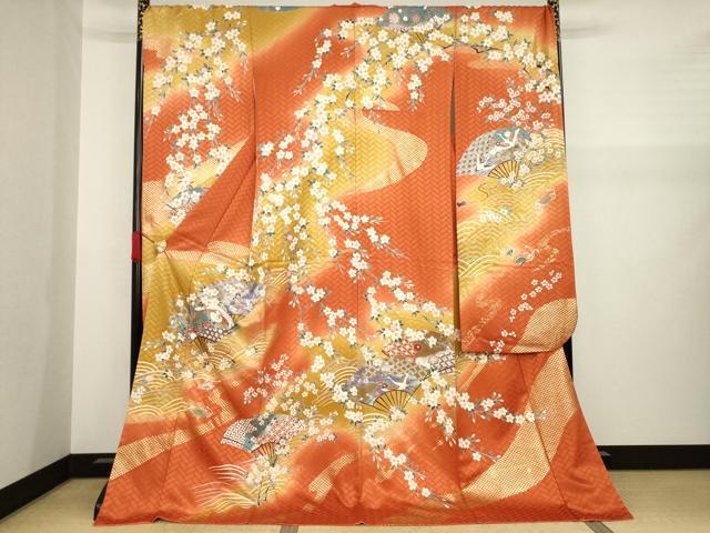 平和屋着物●豪華振袖　扇面飛鶴文　暈し染め　ロング丈　正絹　逸品　AABA0792ck