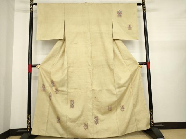 平和屋着物●訪問着　紬地　手描き　短冊花文　正絹　逸品　AABA0800ck