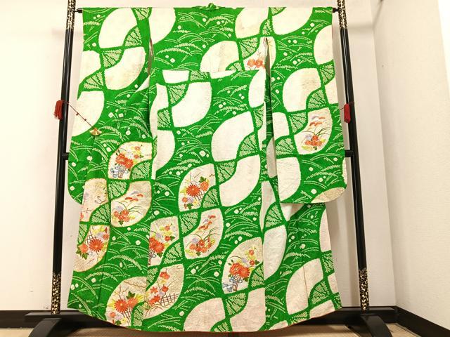 平和屋着物●豪華振袖　駒刺繍　絞り　扇面草花文　金彩　正絹　逸品　AABA1267ph