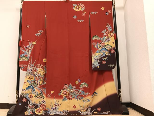 平和屋着物●豪華振袖　松竹梅鴛鴦草花文　暈し染め　ロング丈　正絹　逸品　AABA1294ph